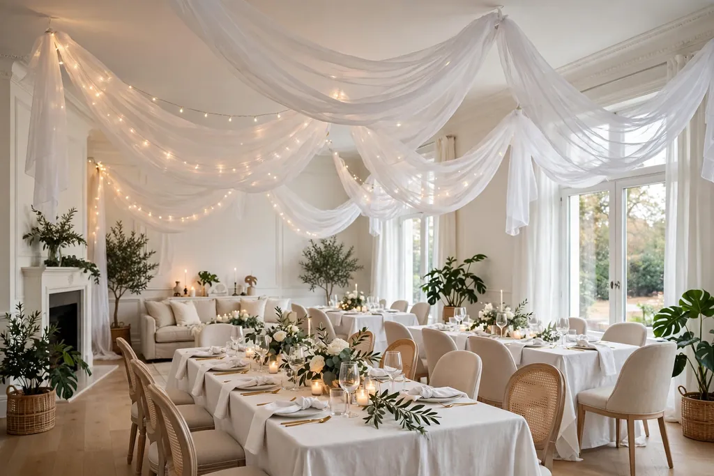 White fabric draped across a living room ceiling in soft swags.