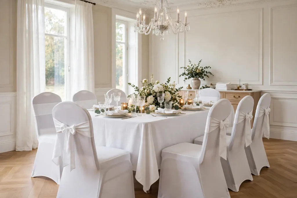 Dining chairs with white covers and simple white sashes tied at the back.