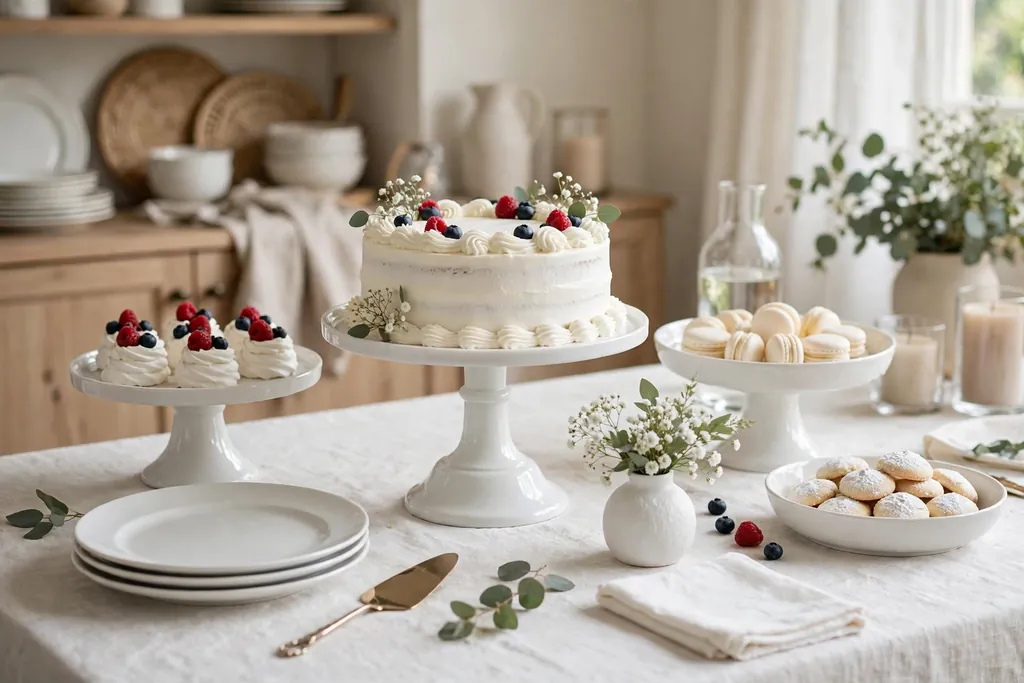 White dessert display table with a white cake stand and white serving dishes.