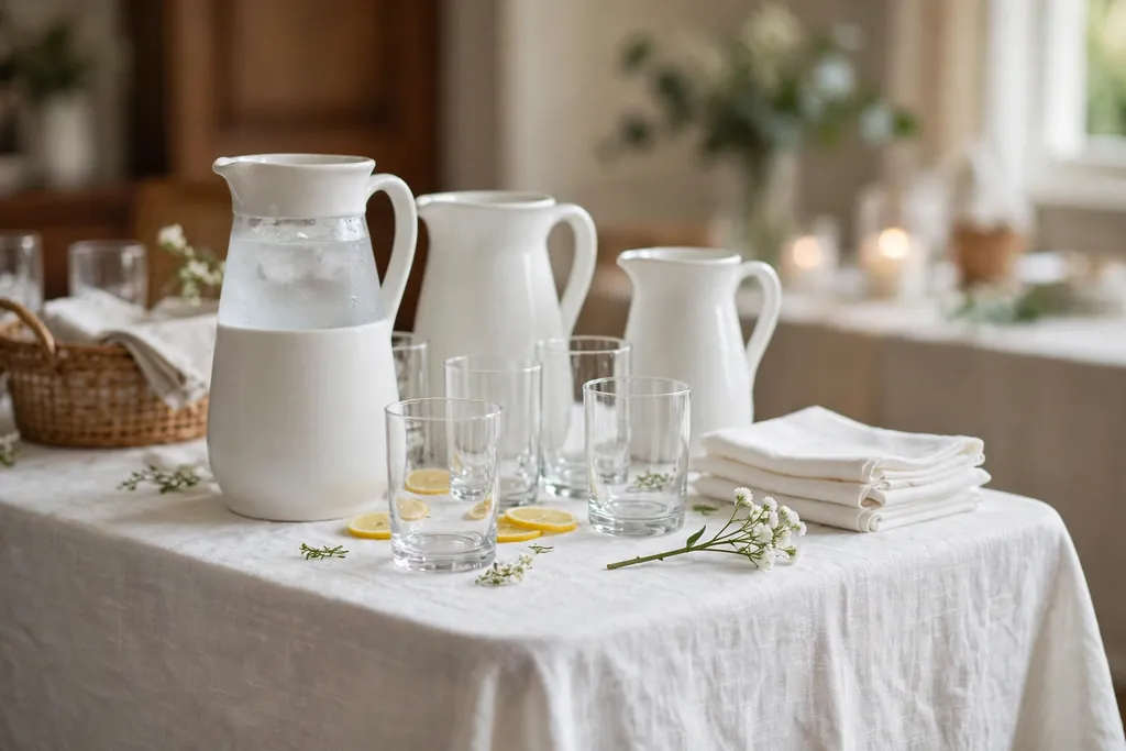 White drink station with white pitchers, clear glasses, and white napkins.