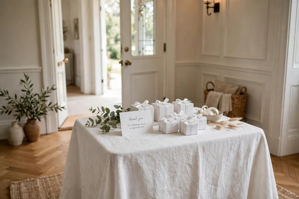 White favor table with small white boxes tied with white ribbon.