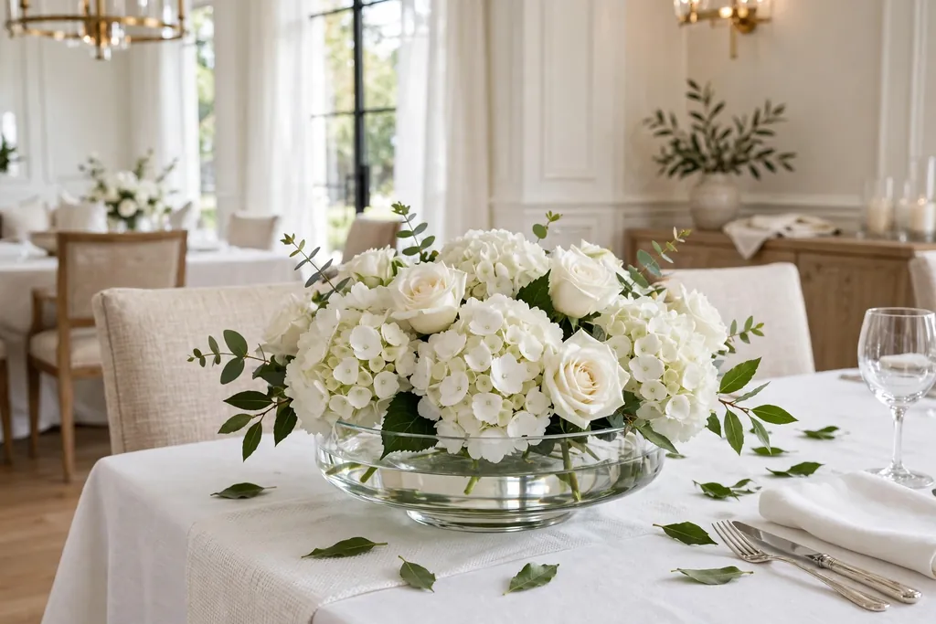 Low white flower centerpiece with white roses and hydrangeas in a wide bowl.