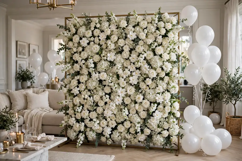 White flower wall photo backdrop with white blooms arranged on a frame.