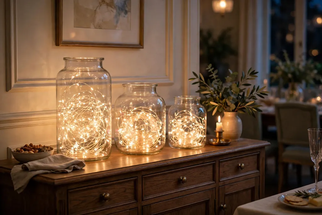 White string lights coiled inside clear glass jars on a sideboard.
