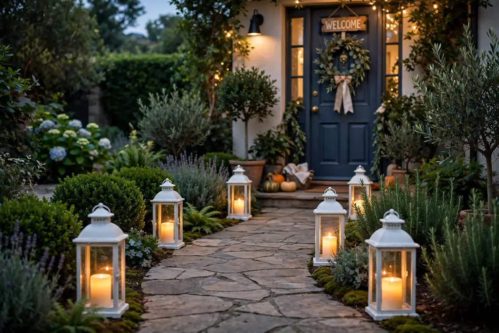 White lanterns with battery candles along a pathway to a front door.