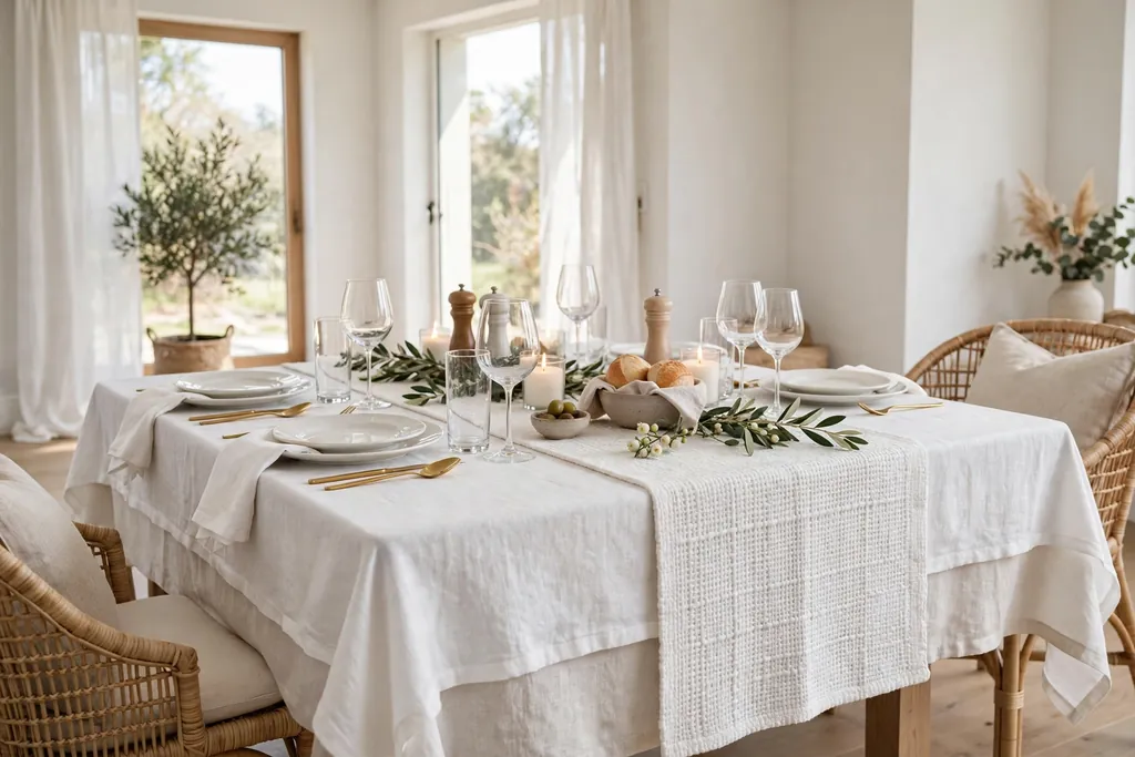Dining table with a layered white linen tablecloth and a white textured runner.