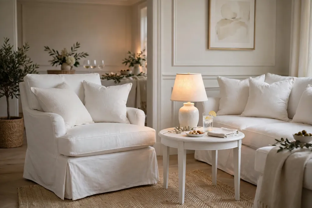 White lounge seating corner with white cushions and a small side table.