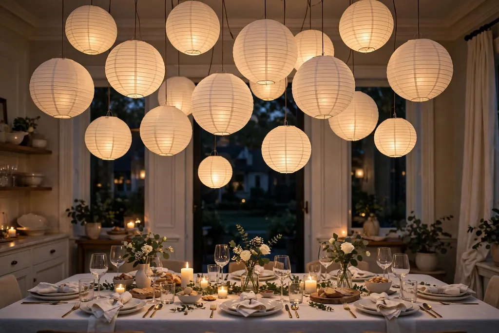 White paper lanterns hung overhead at staggered heights with soft light.