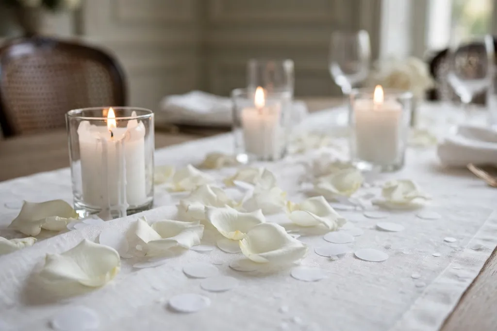 White rose petals and paper confetti scattered along a white table runner.