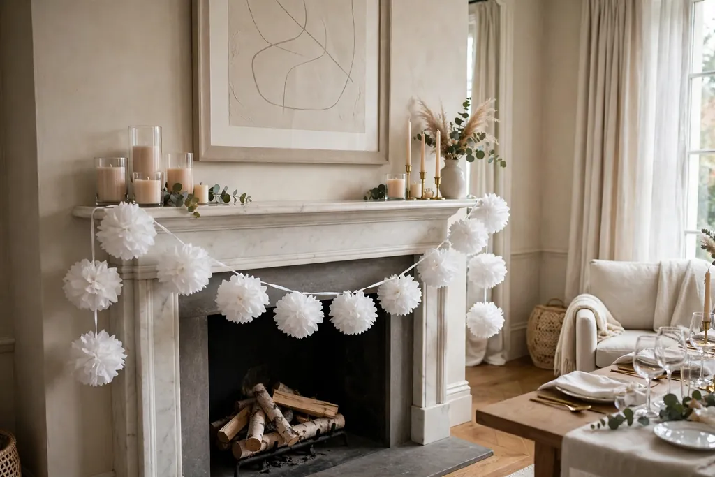 White tissue pom-pom garland hung across a mantel.