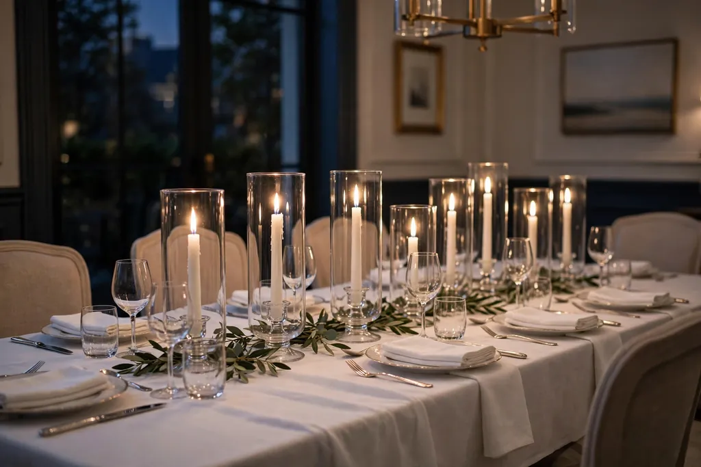 White taper candles in clear glass hurricane holders on a party table.