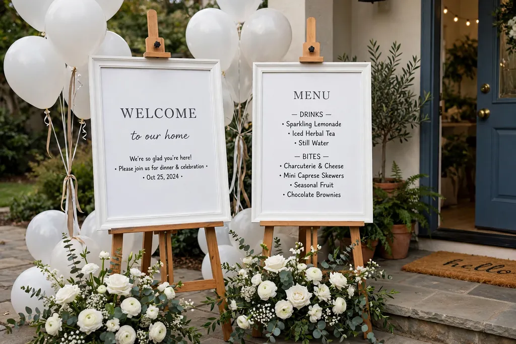 White welcome sign and menu board near a party entry.