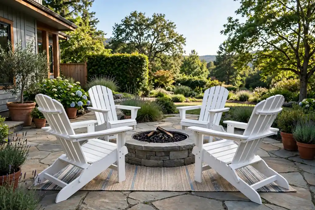 White Adirondack chairs arranged around a fire pit on a patio in daylight.