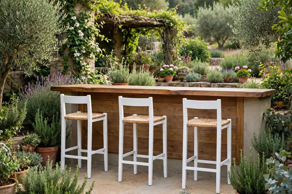 White bar stools at an outdoor counter with a wood top in a garden setting.