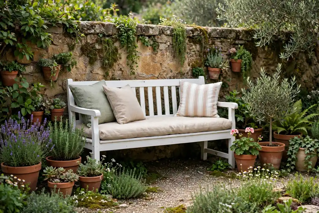 White bench with outdoor cushions along a garden wall with potted plants.