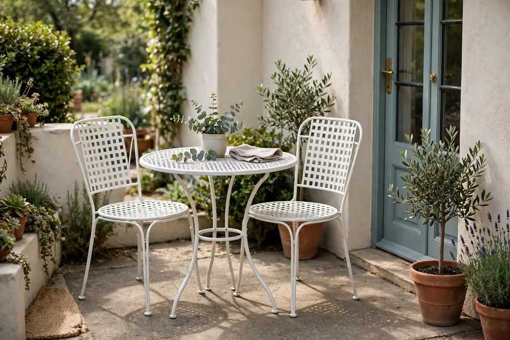 White metal bistro table and two chairs on a small patio beside a door.