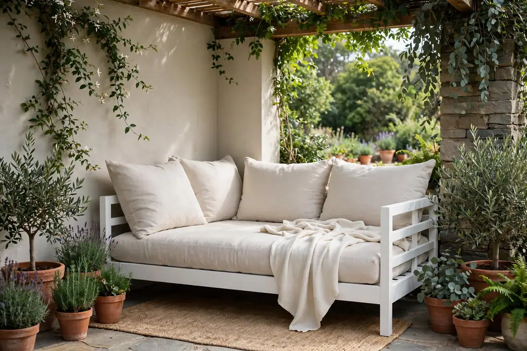 White outdoor daybed with large cushions and a light throw in a shaded patio corner.