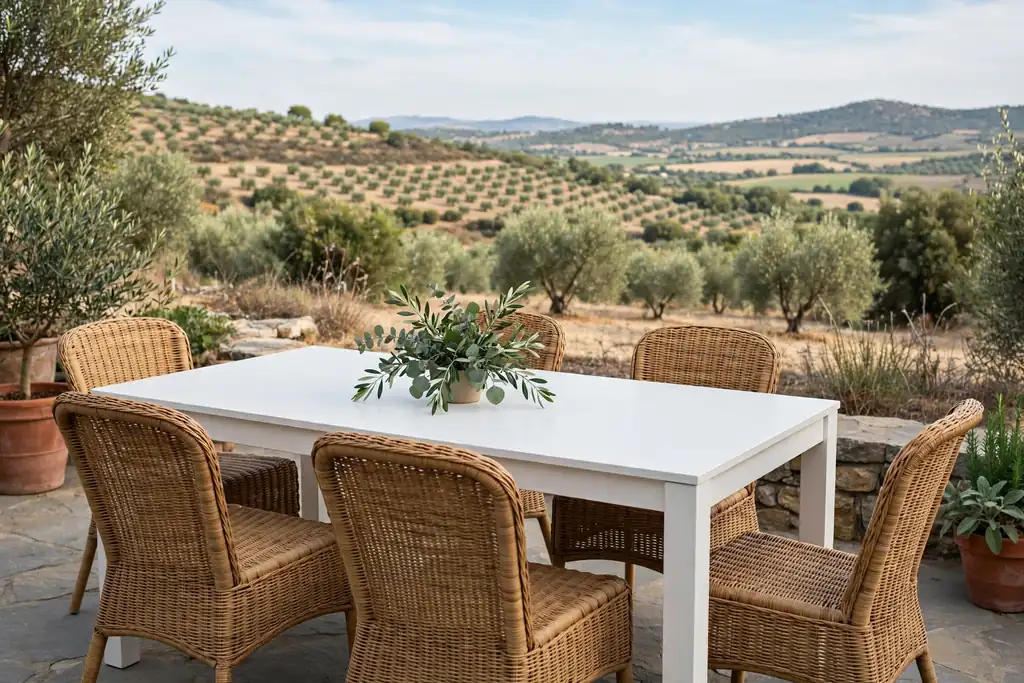 White outdoor dining table with woven chairs and a simple greenery centerpiece.