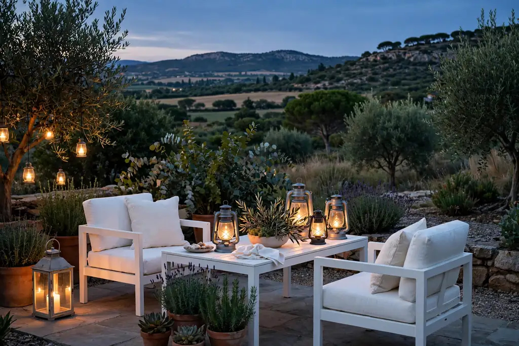 White patio furniture styled with lanterns glowing in the evening.