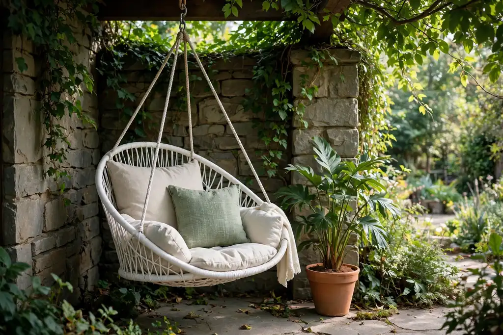 White hanging chair with cushions in a shady patio corner beside a potted plant.