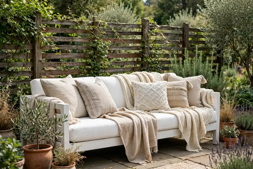 White outdoor sofa layered with neutral throws and cushions against a garden fence.