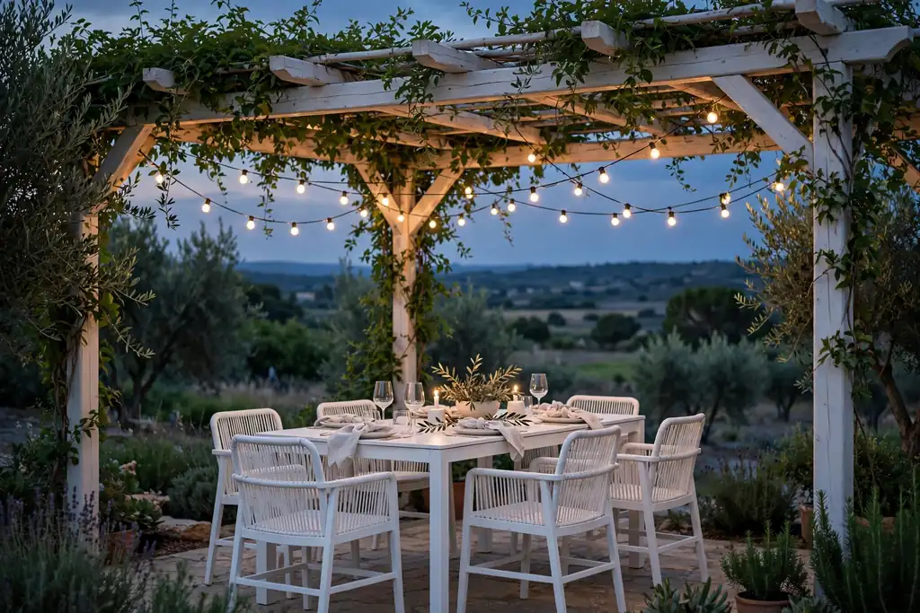 White dining set under a pergola with string lights in early evening.