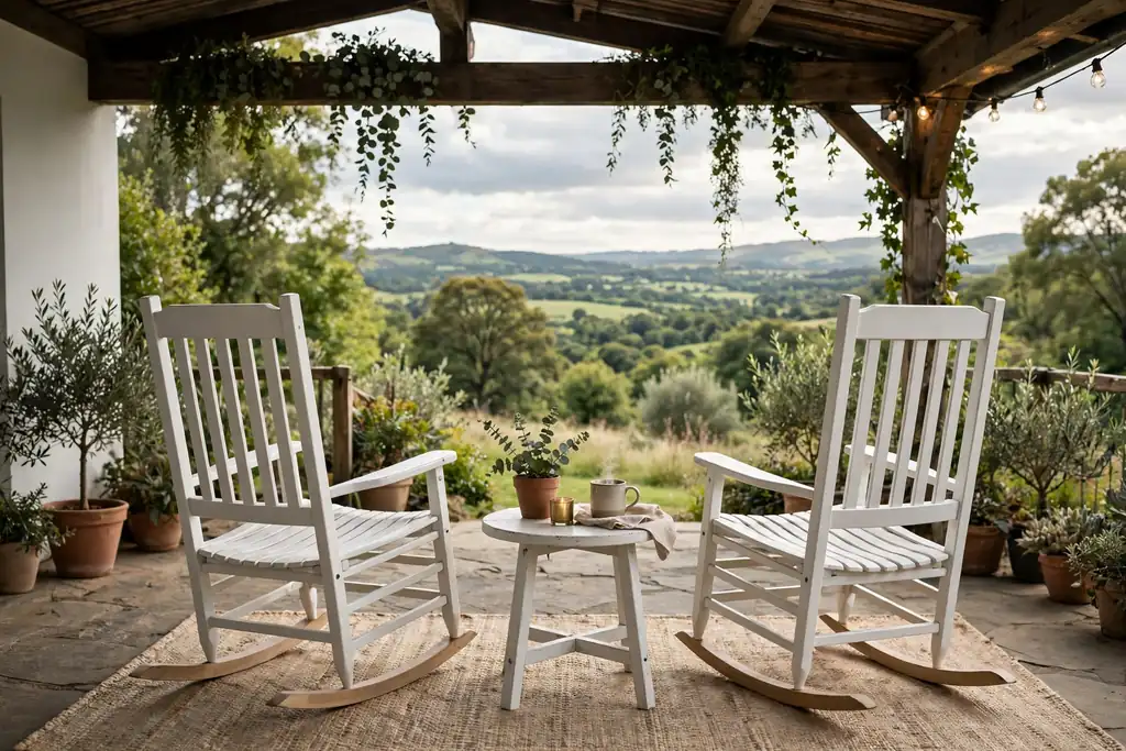 Two white rocking chairs with a small table between them on a covered patio.