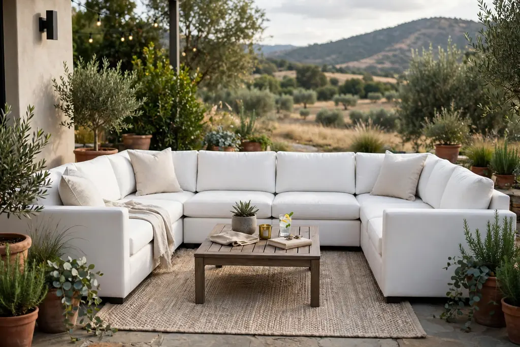 White outdoor sectional arranged around a low coffee table for conversation.