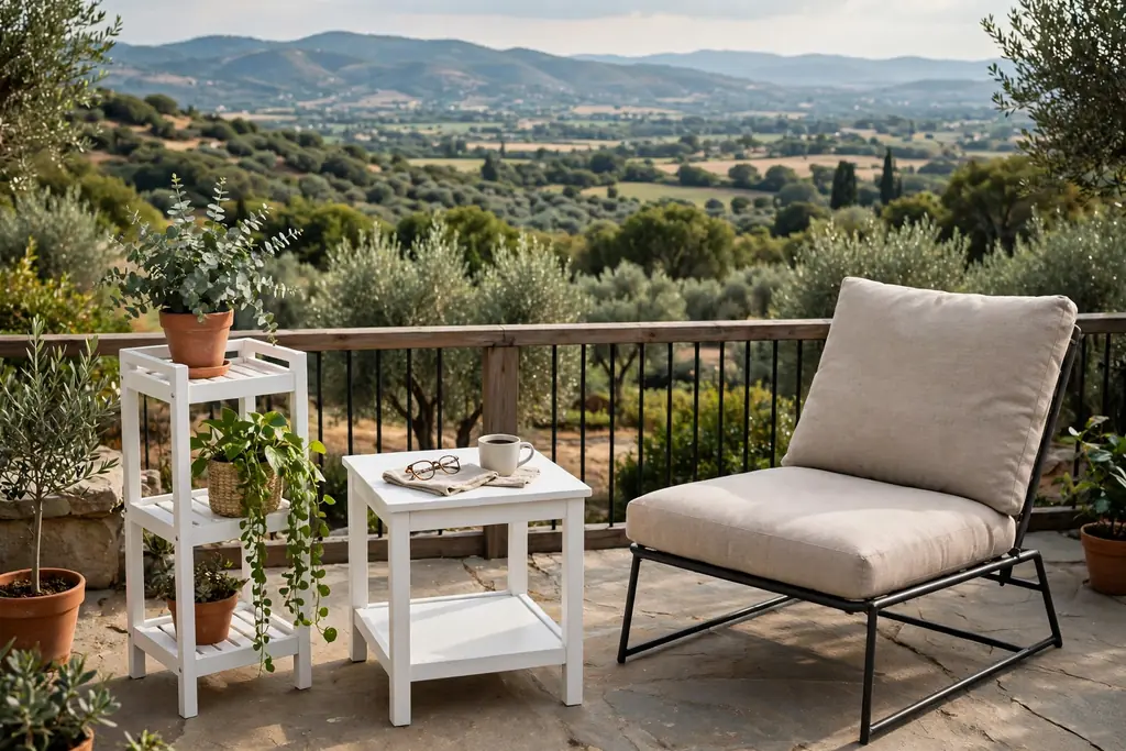 White side table and plant stand beside a lounge chair on a patio.