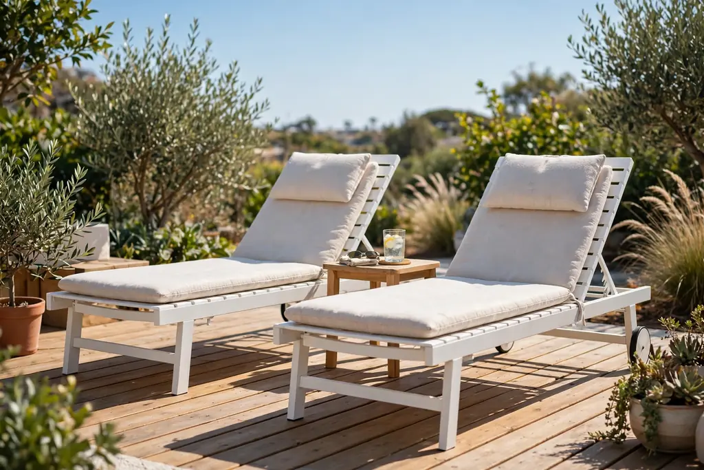 White sun loungers with light pads on a sunny deck with a small side table.