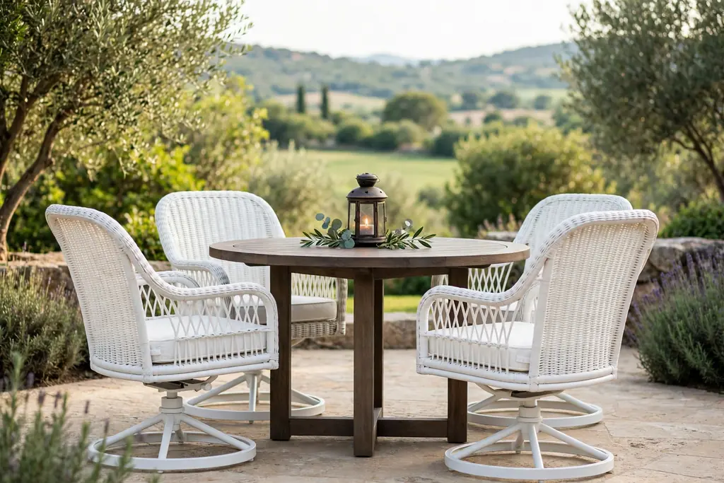White swivel chairs around a round patio table with a small lantern centerpiece.
