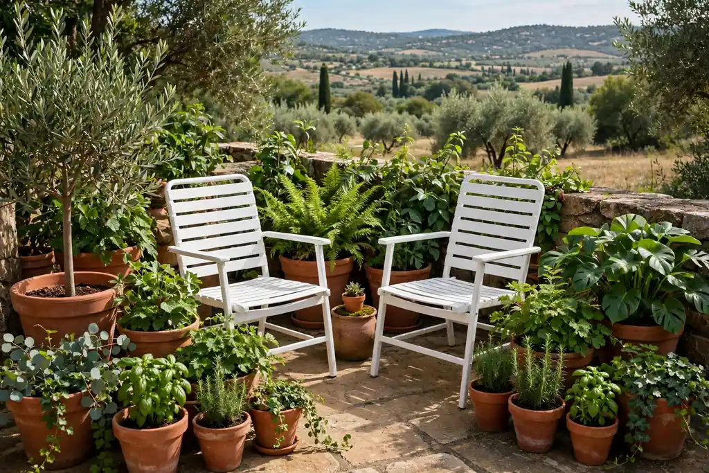 White patio chairs surrounded by terracotta pots and leafy green plants.