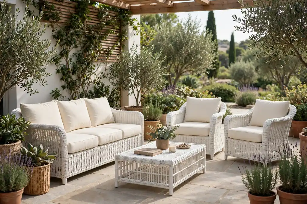 White wicker lounge set with cream cushions and a low coffee table on a patio.