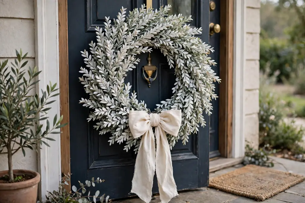 Whitewashed boxwood wreath with a cream linen bow hanging on a front door.