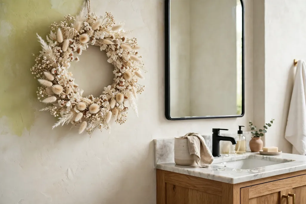White dried flower wreath on a bathroom wall beside a mirror.