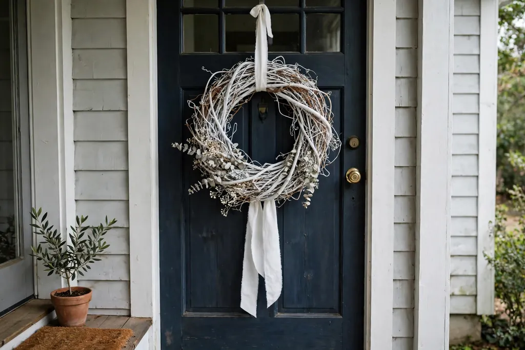 Whitewashed grapevine wreath with a plain white ribbon on a porch door.