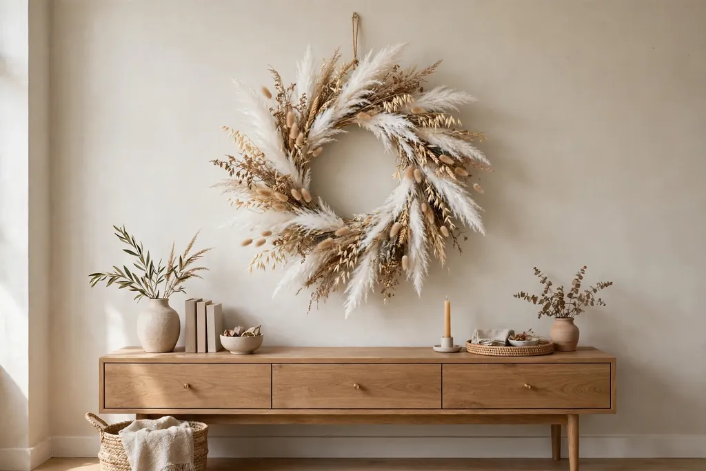 White pampas and dried grass wreath above a sideboard in a neutral room.