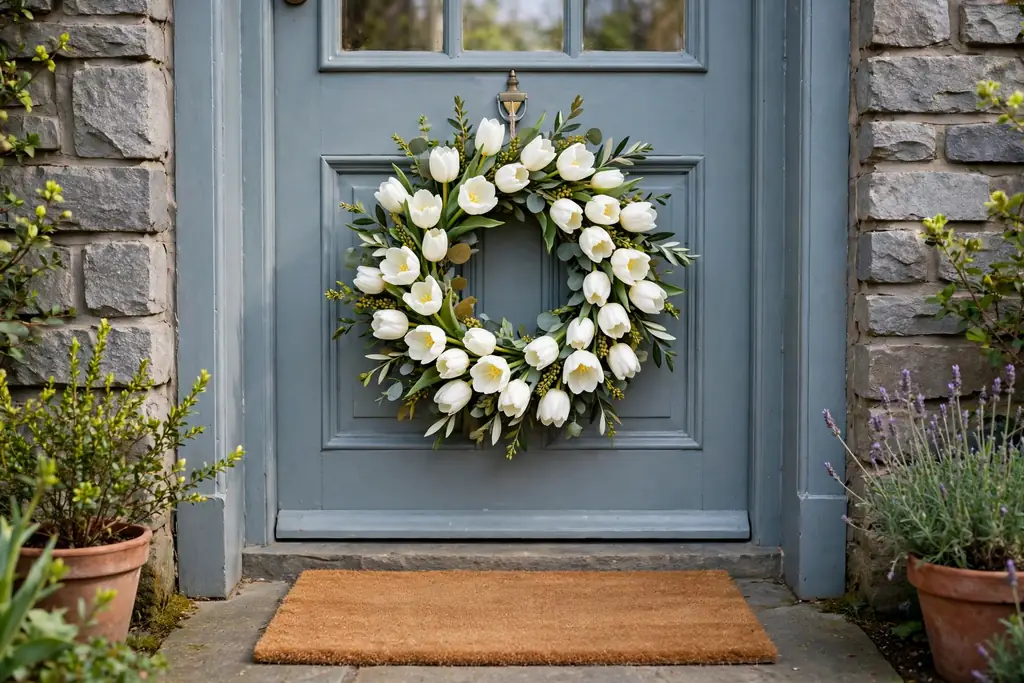 White tulip wreath on a spring front door with a plain doormat.