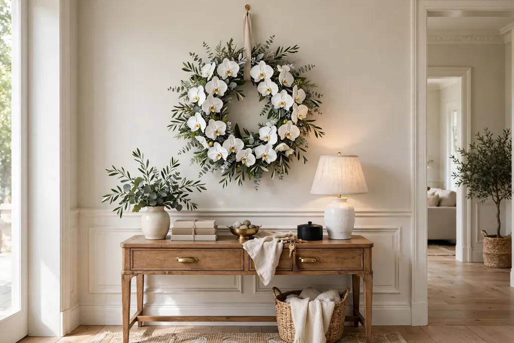 White orchid wreath hanging in an elegant entry above a console table.