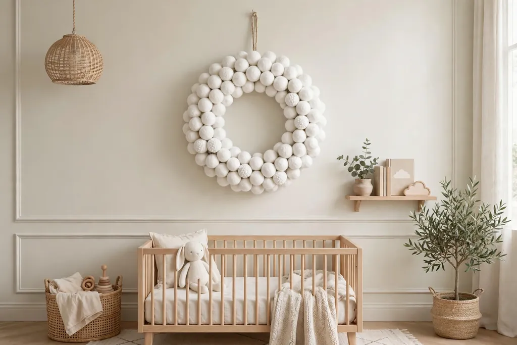 White felt ball wreath on a nursery wall in a soft pale room.