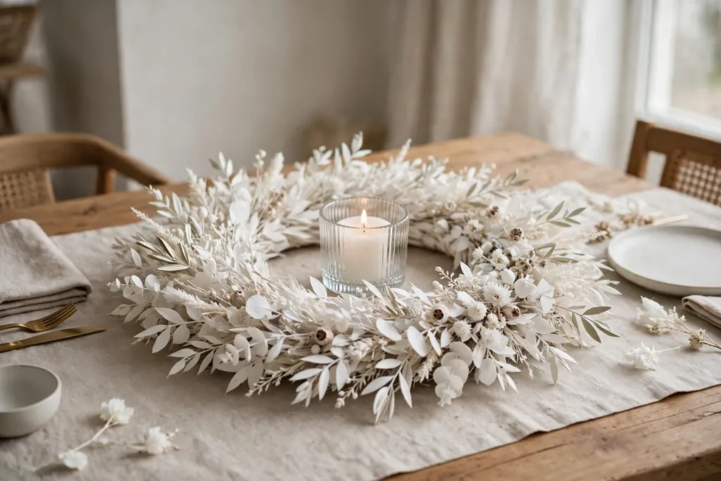 Flat white wreath on a dining table with a candle in a holder at its center.