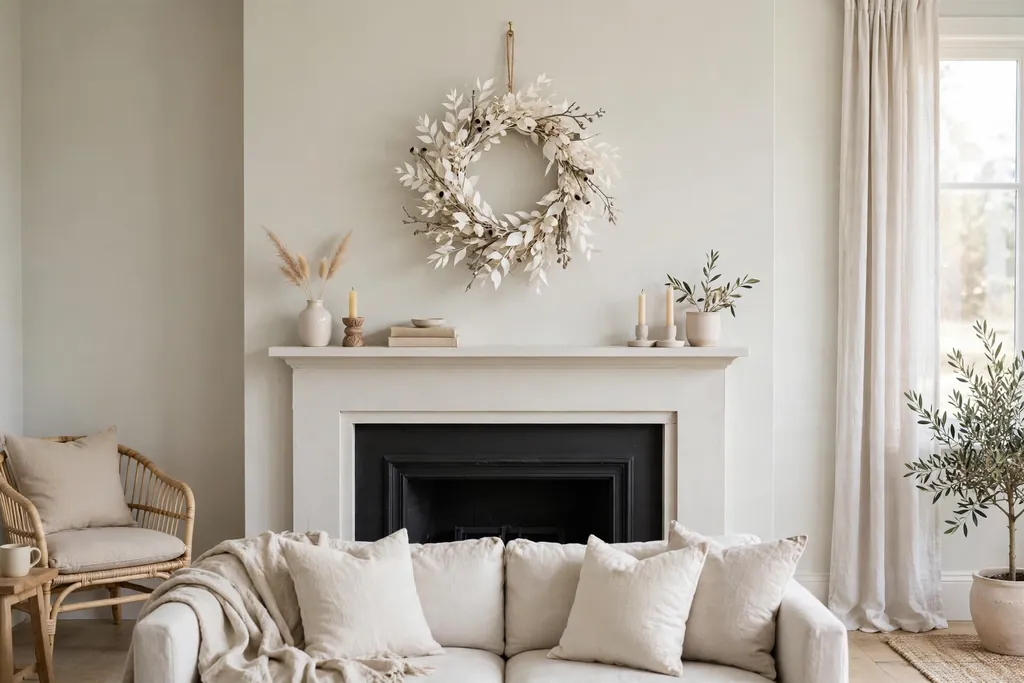 White eucalyptus wreath hanging above a plain mantel in a pale living room.