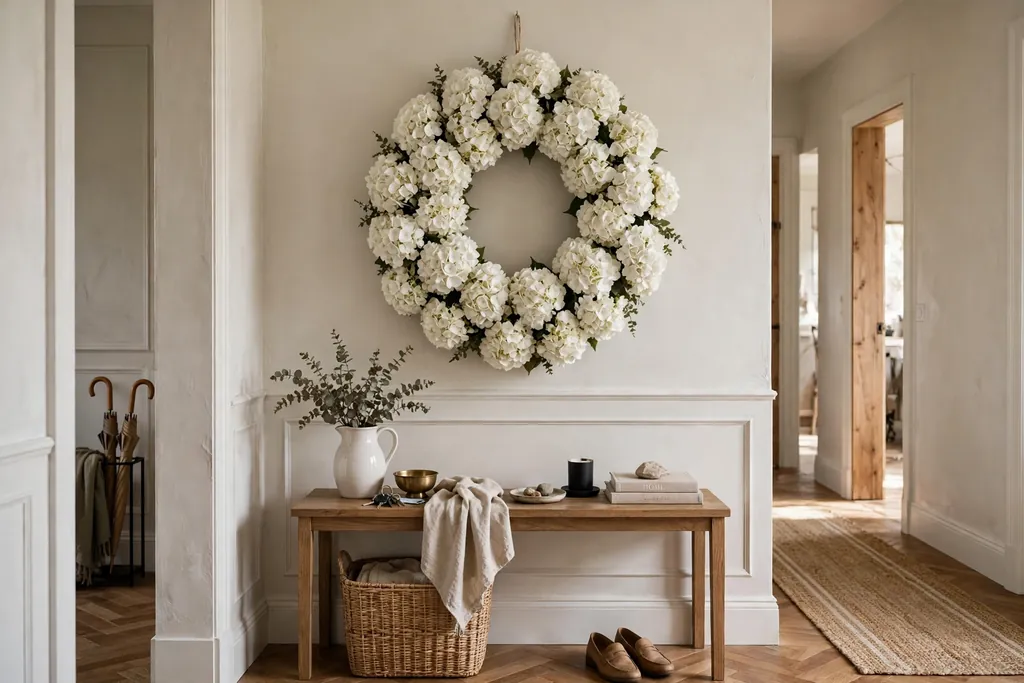 Full white hydrangea wreath hanging above a console table in an entry.