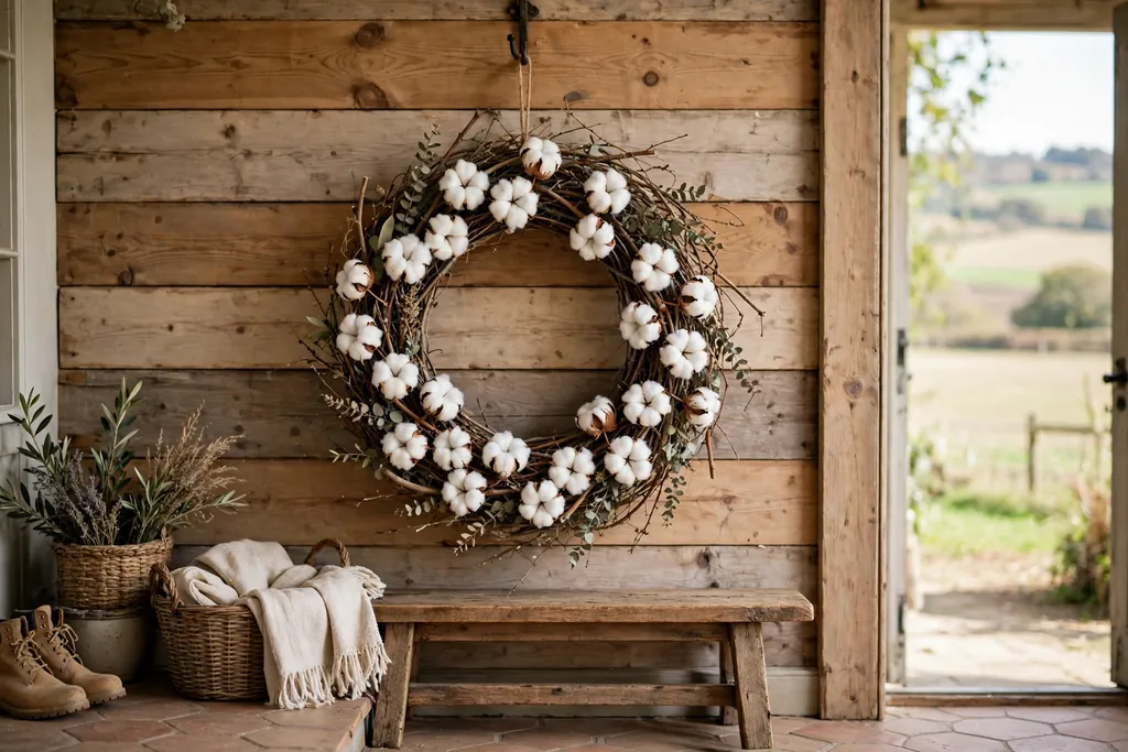 White cotton boll wreath on a twig base hanging in a farmhouse entry.