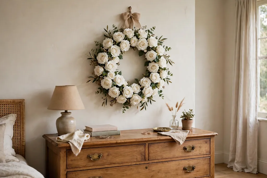 White rose wreath hanging on a bedroom wall above a dresser.