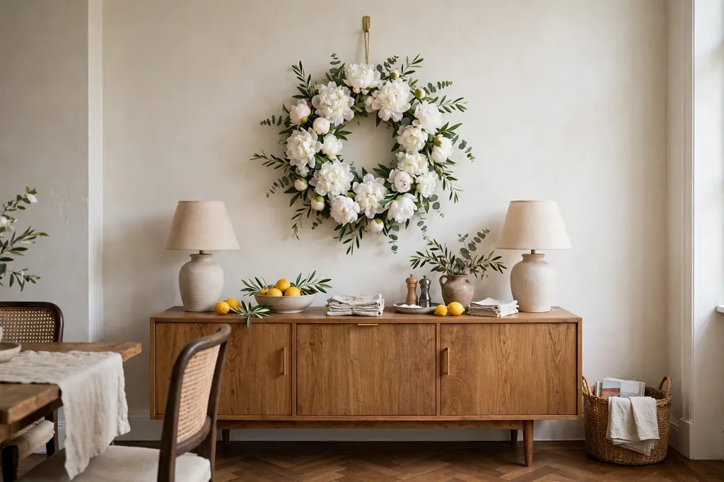 White peony wreath hanging on a dining room wall above a sideboard.