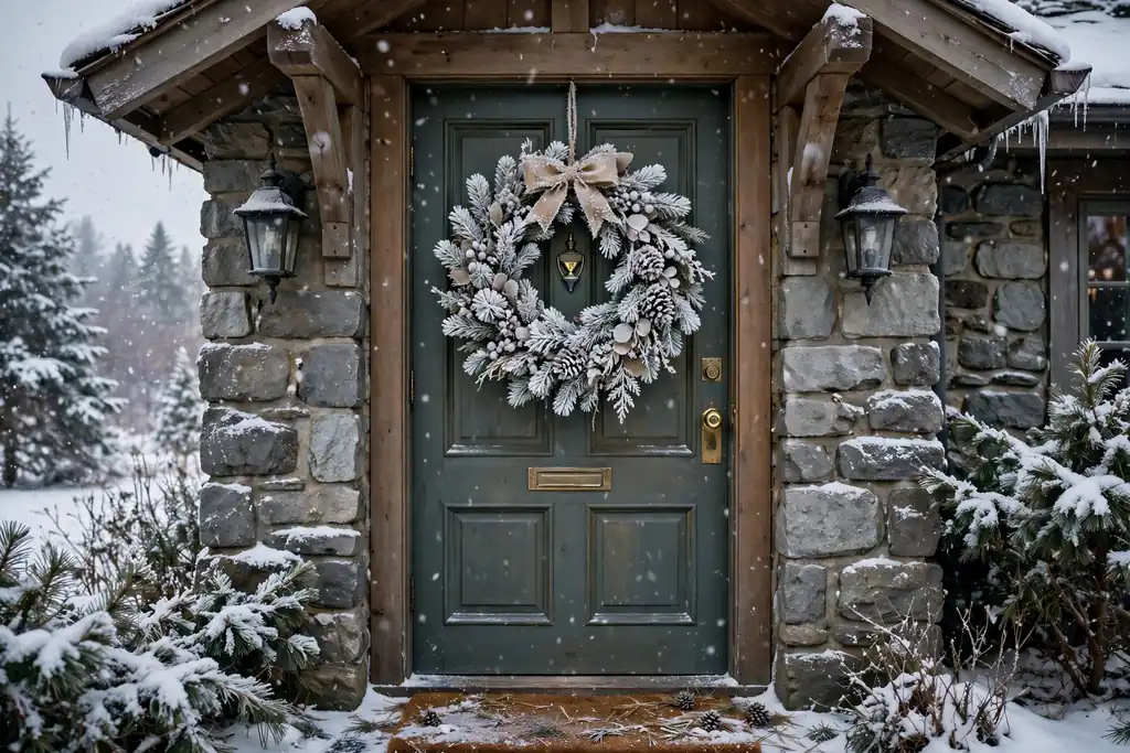 Frosted white pine wreath hanging on a sheltered front door in winter.