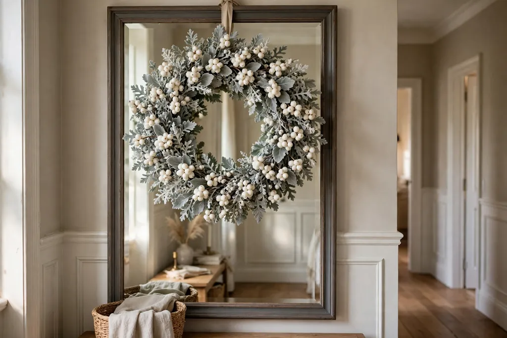 White berry and silver leaf wreath hanging on a hallway mirror frame.