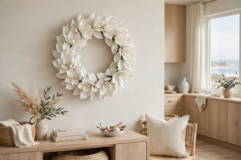 White magnolia leaf wreath on a pale wall in a coastal living room.