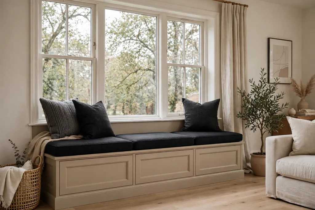 Window seat with a beige base and black seat cushions.